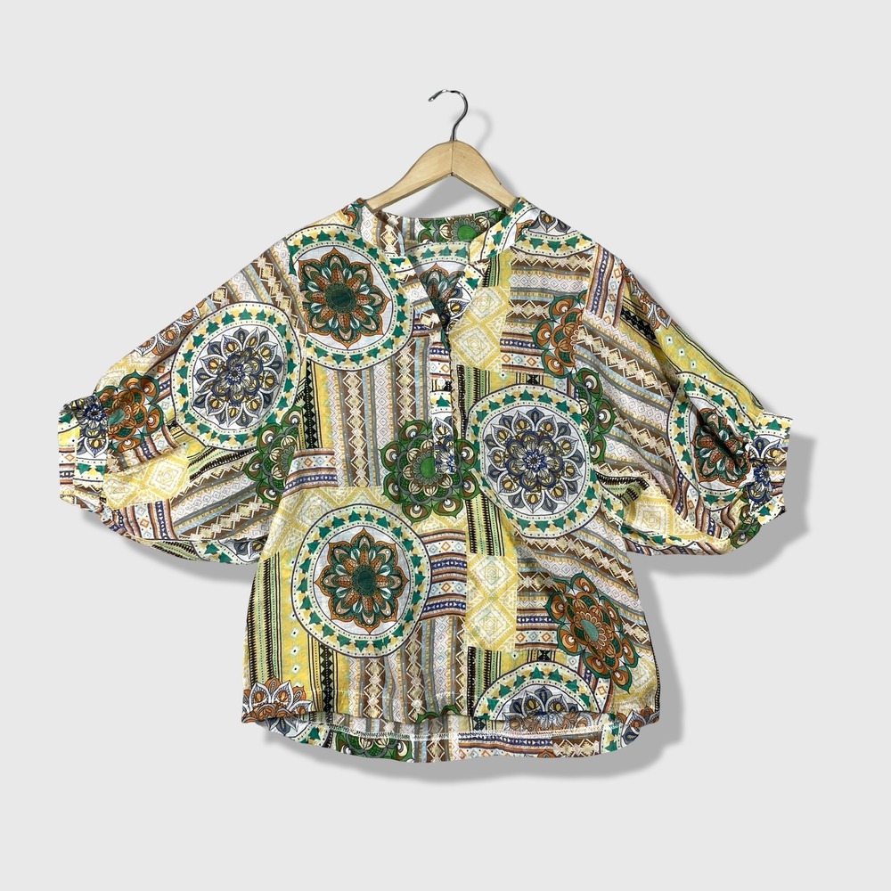 Unbranded Mandala Print Blouse Women XL Yellow Boho‎ Geometric Lantern Sleeve